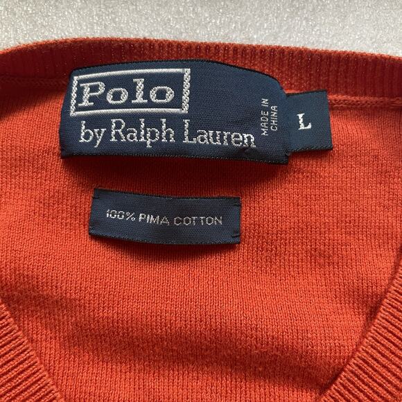 Y2K Polo Ralph Lauren Sweater Men Large Orange V Neck Pima Cotton Pullover Pony - Picture 4 of 9